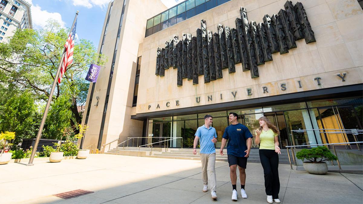 Students walking in front of One Pace Plaza.