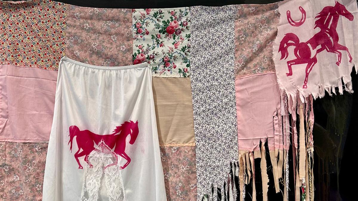 An abstract fabric arts piece titled Break Free by Pace University student Cailey Hudnut