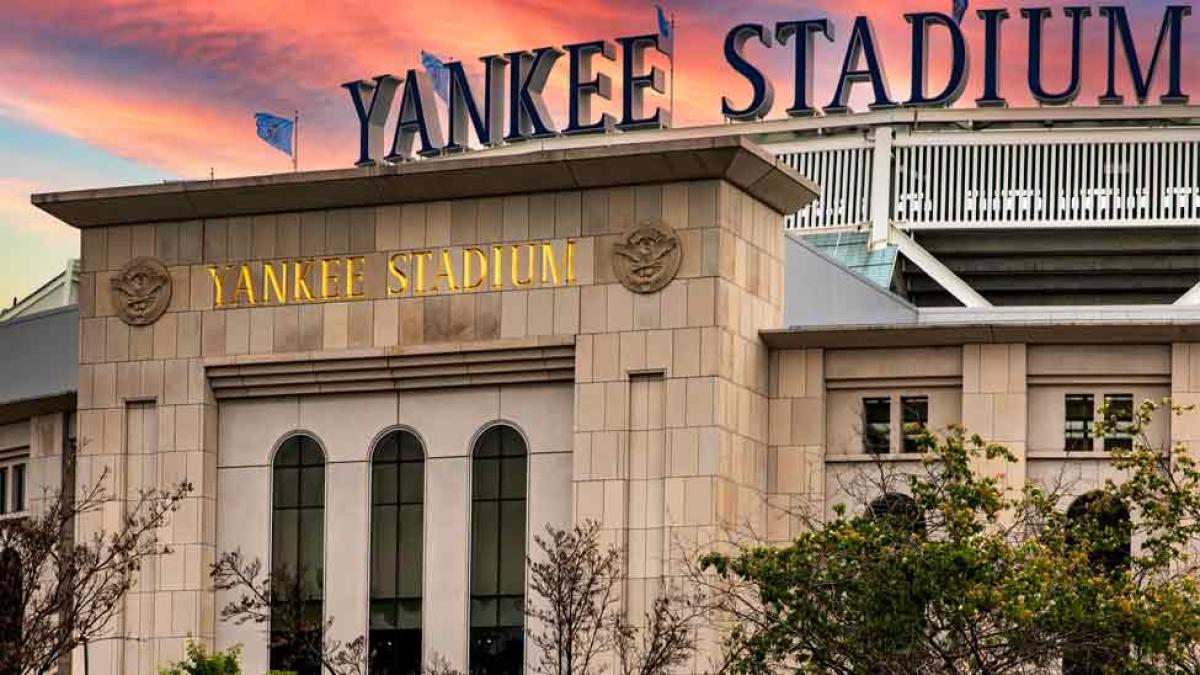Yankee Stadium at sunset.