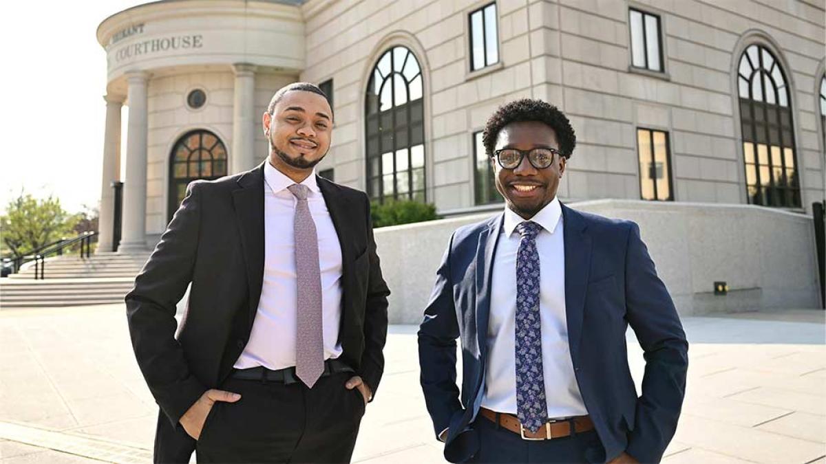 Pace Haub Law students pose in front of a courthouse building