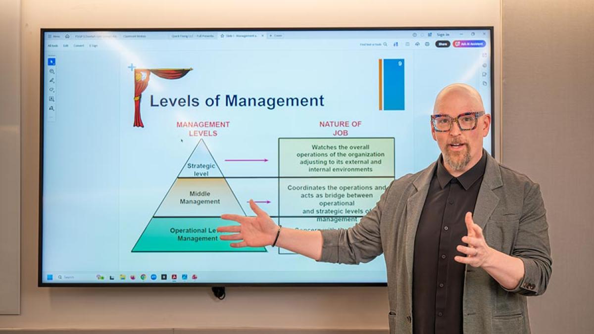 Lubin School of Business professor in the Management Science department teaching a class at Pace University.