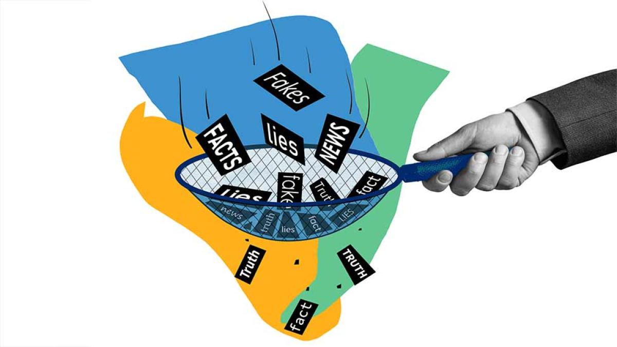 A colorful graphic where a black-and-white hand is holding a new, catching papers that say words like facts, news, lies