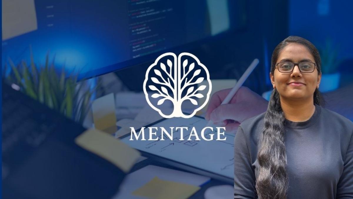 Seidenberg instructor Karen Joy Abraham with UX design graphics and Mentage logo