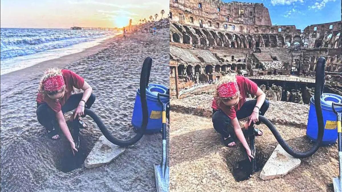 two photographs are compared side by side of a person digging in the dirt in two different locations