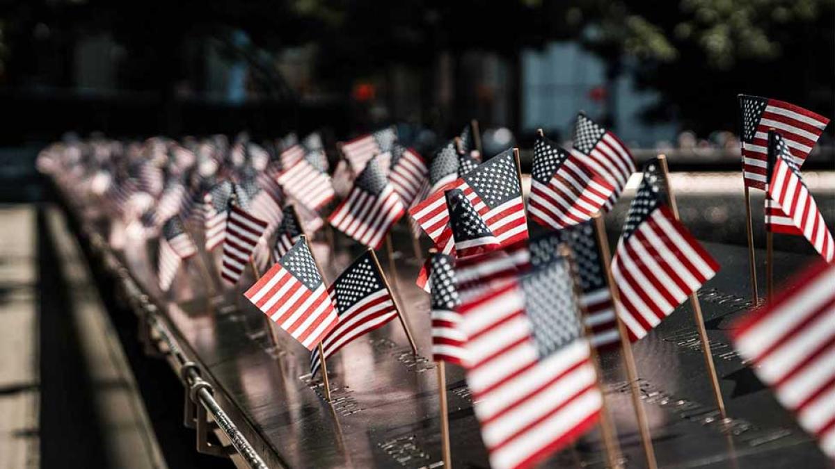 Close-up of American flags at the 9/11 Memorial and Museum.