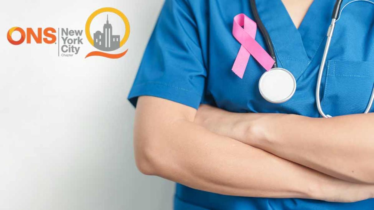 Nurse in scrubs with stethoscope, breast cancer ribbon, and ONS NYC logo