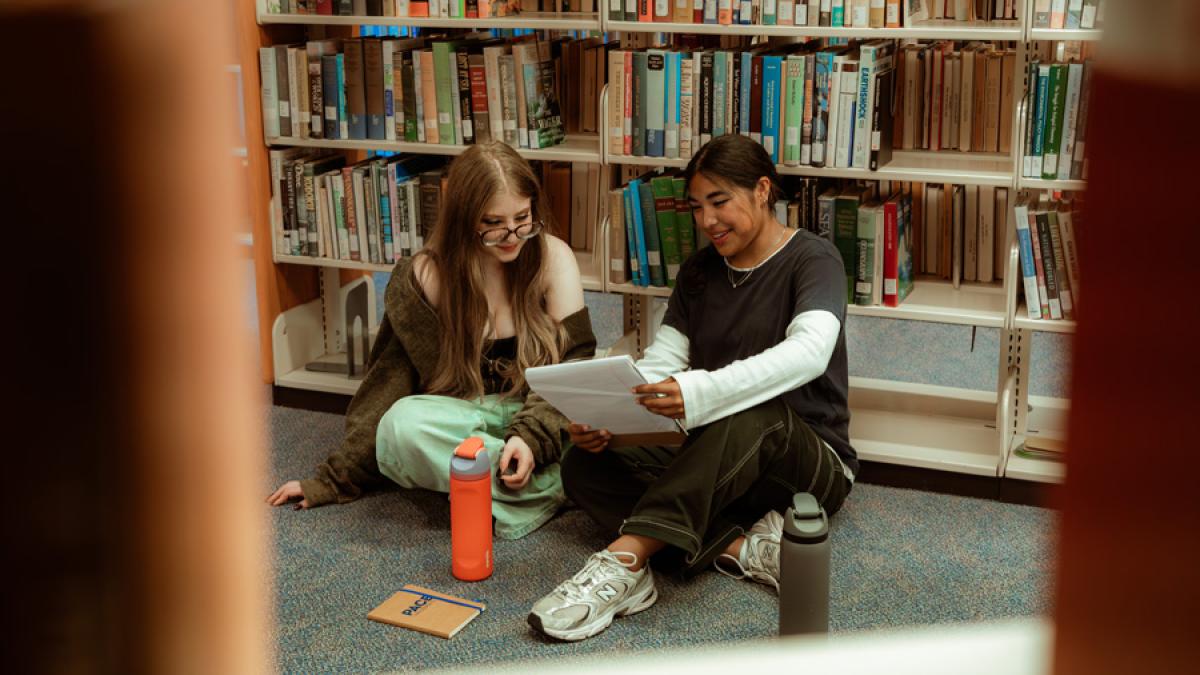 Two Pace University students sitting on the floor in the library, studying.