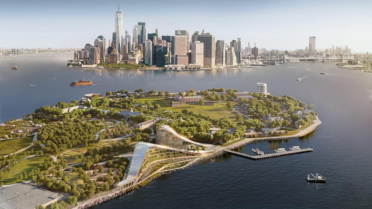 Aerial view of The Exchange on Governors Island with sculptural landscape forms