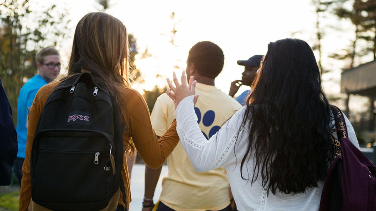 Pace students walking on the Pleasantville campus.