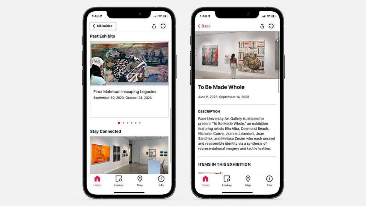 Phone previews of the Pace University Art Gallery exhibitions on the Bloomberg Connects app