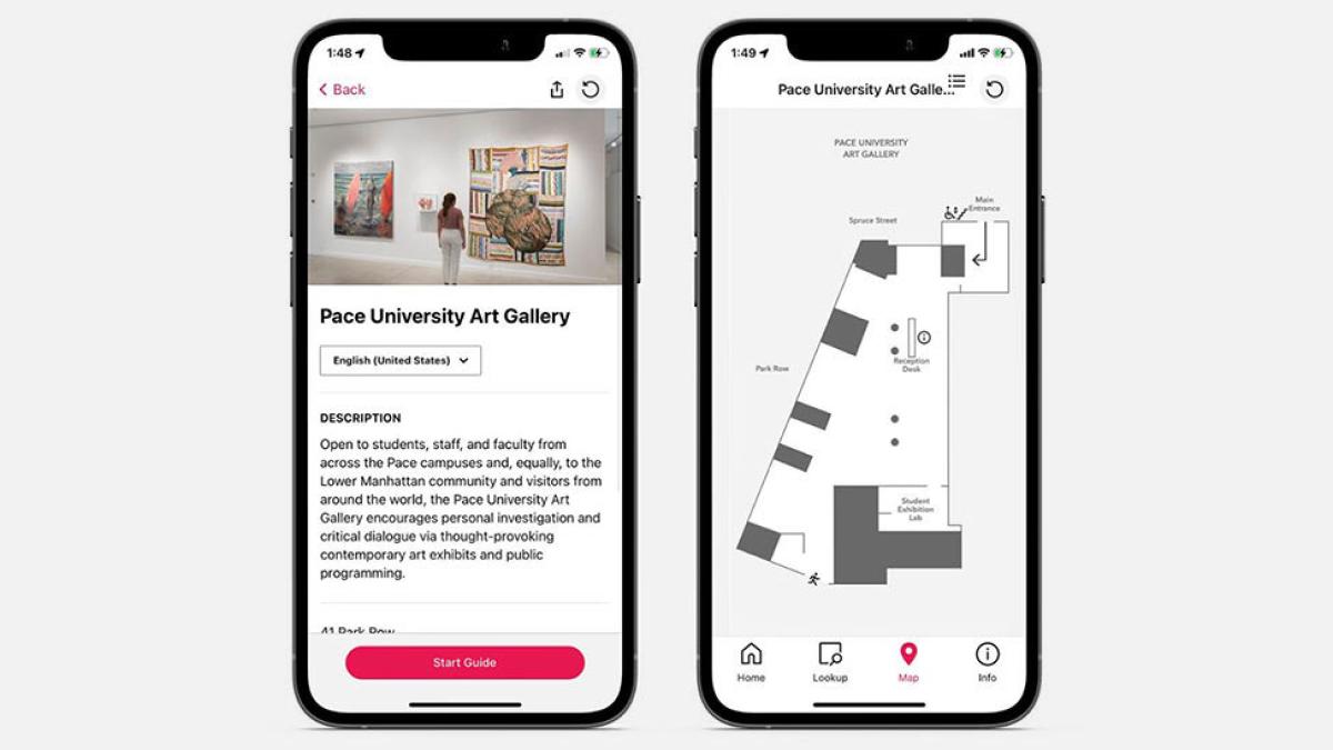 Phone previews of the Pace University Art Gallery map on the Bloomberg Connects app