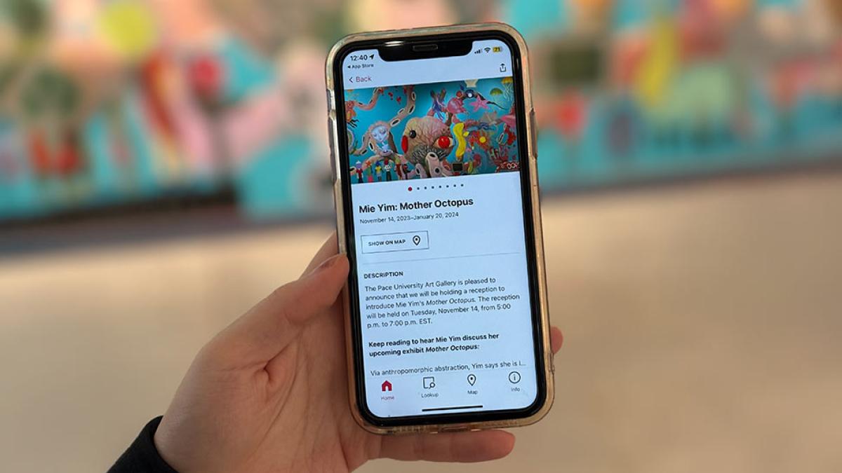 A hand holding a phone with the Pace University Art Gallery exhibition on the Bloomberg Connects app