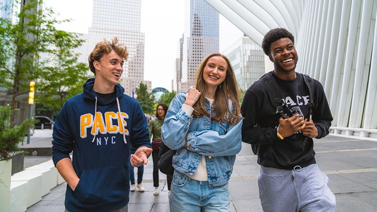 Group of Pace University students walking together in New York