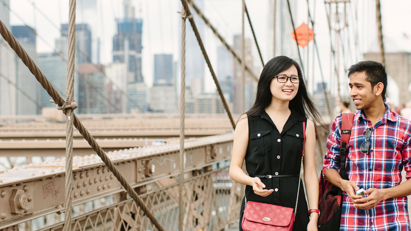 Students walking on the Brooklyn Bridge,
