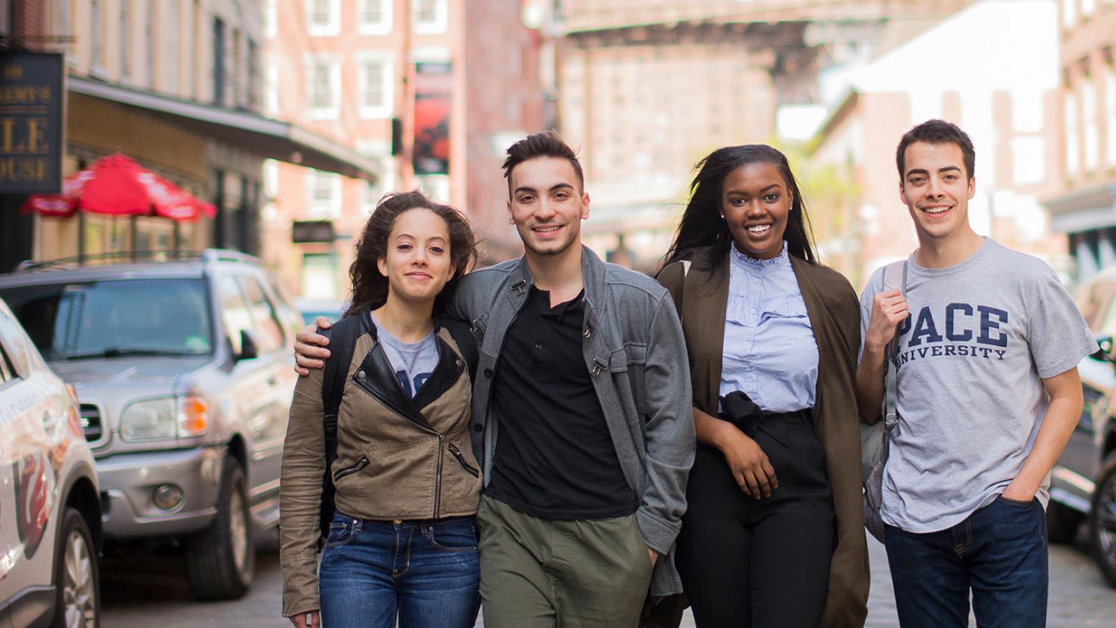 Group of students walking around NYC.