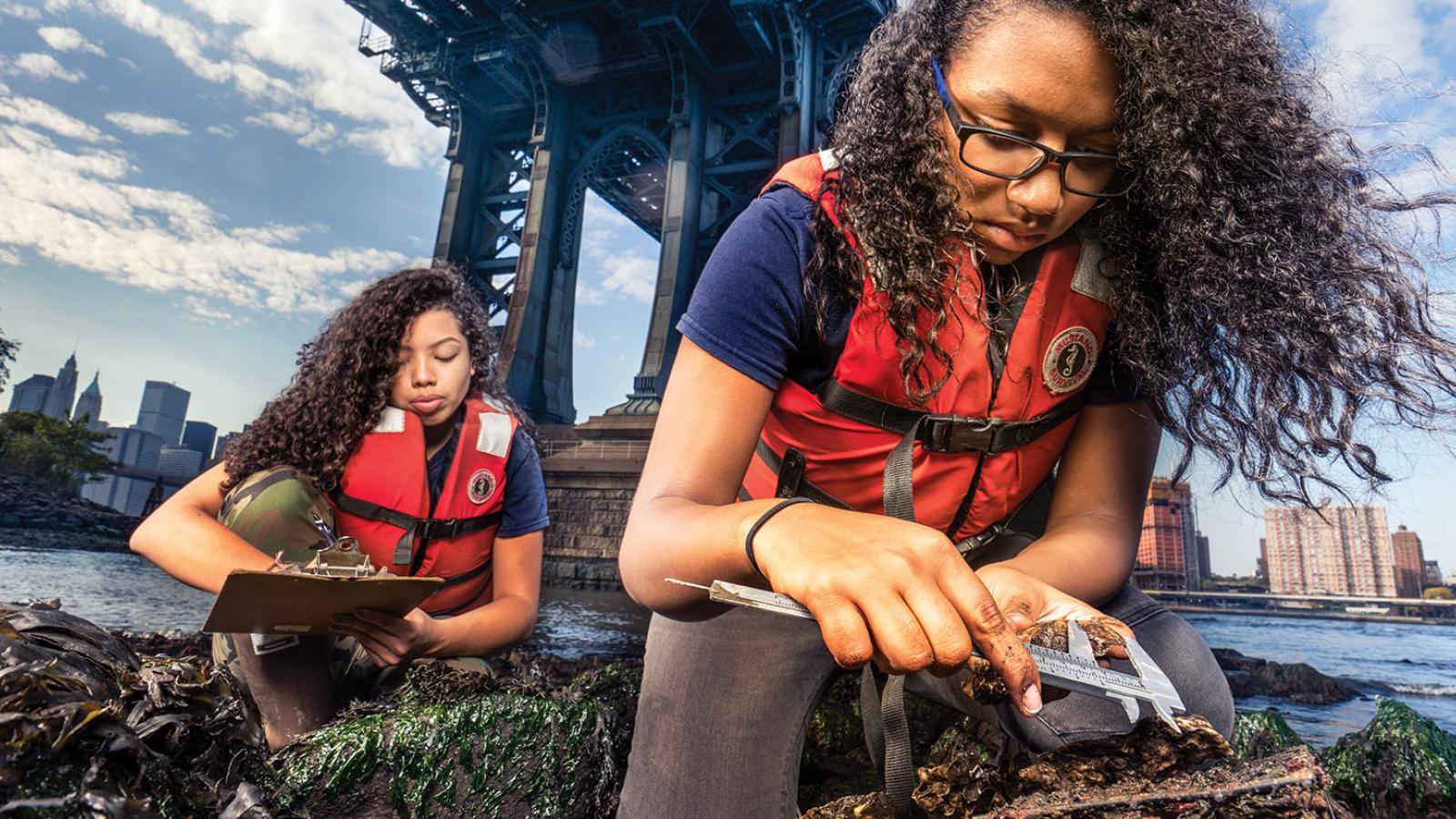 Two Pace students inspecting oysters in New York Harbor as part of the BIllion Oyster Project
