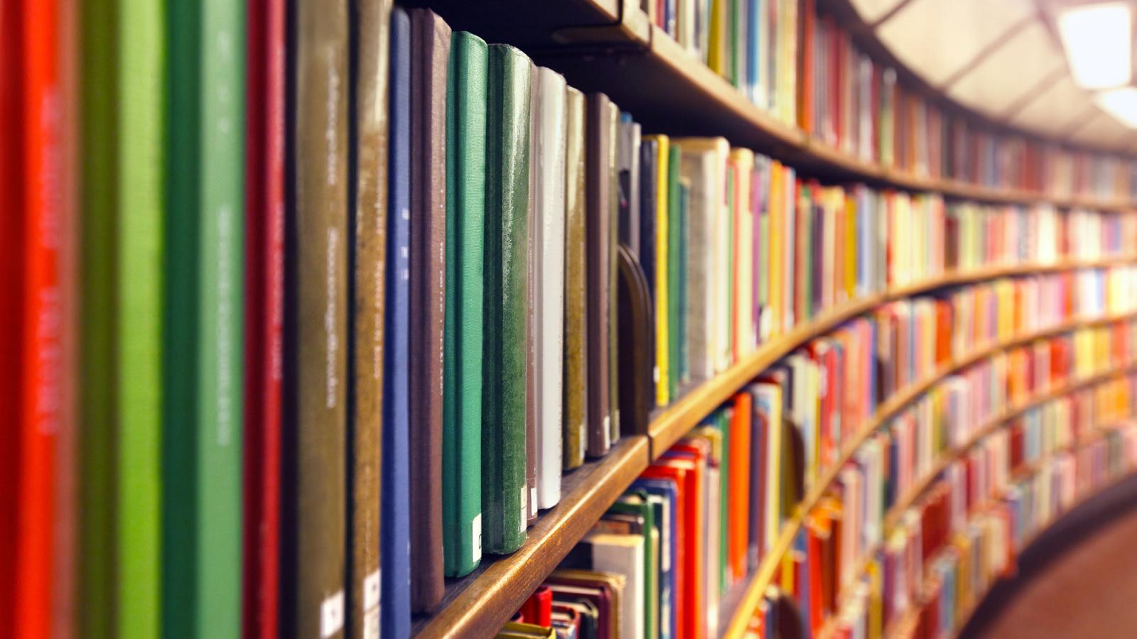 Row of library books.