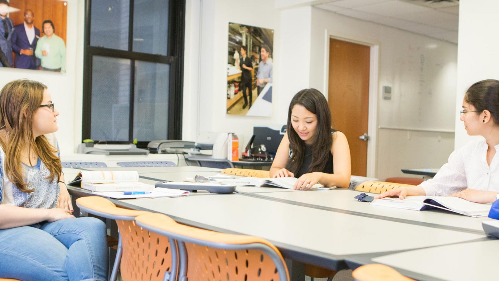 three female students in the Entrepreneurship Lab at Pace University