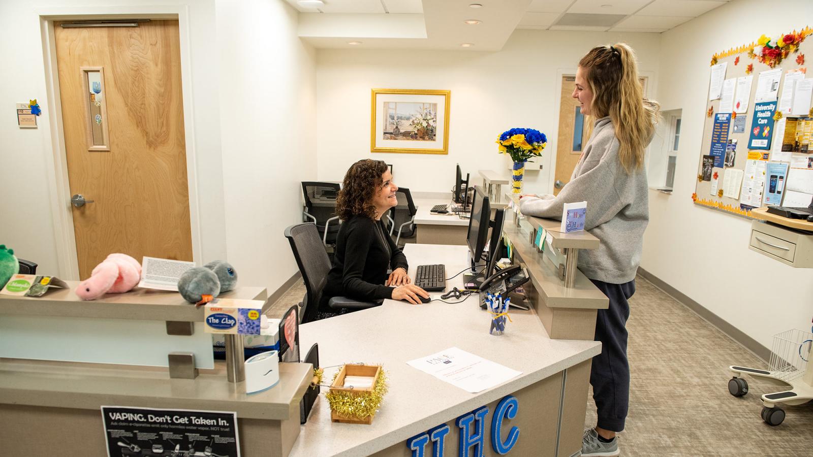 Student checking in at Pace University's Health Care center.