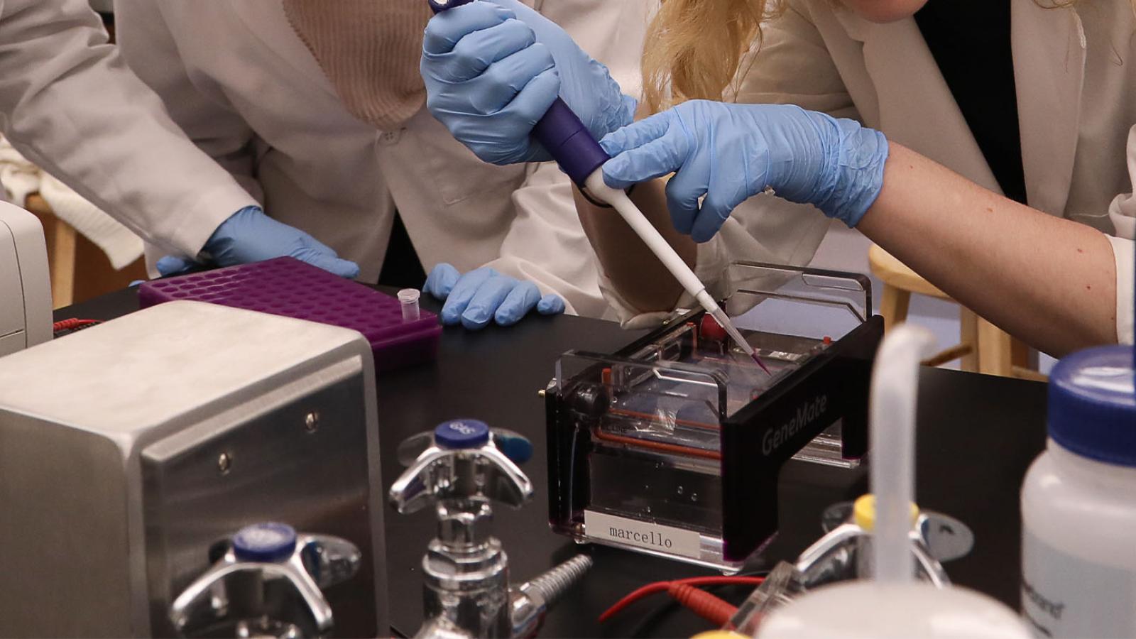 Science students in the lab with a large plunger syringe filling a GeneMate machine