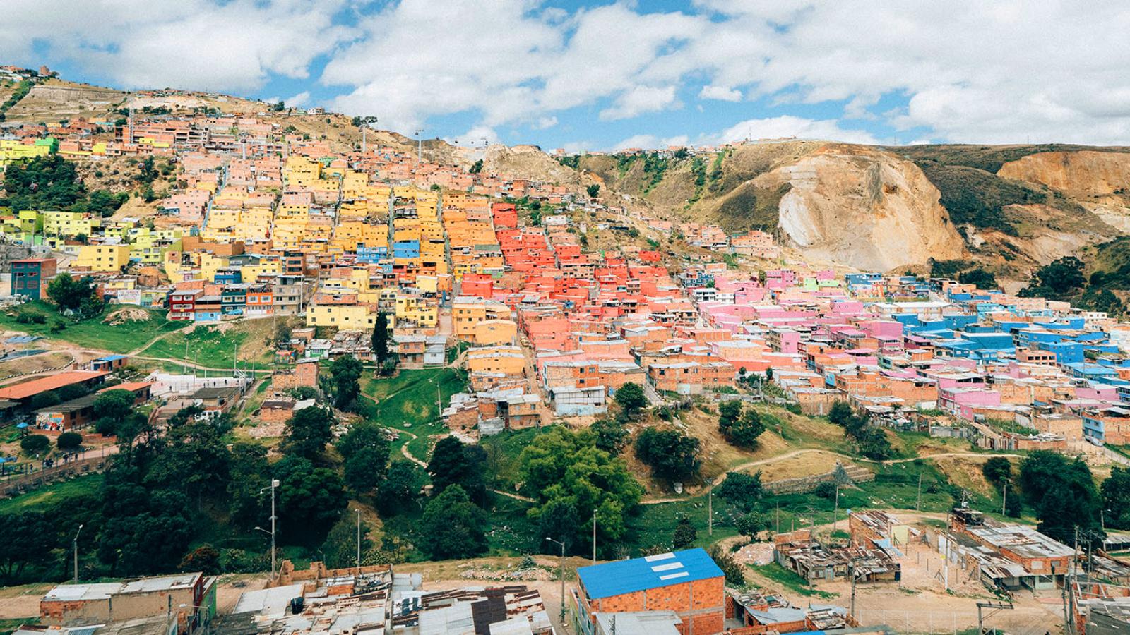 Wide shot of colorful houses in Colombia