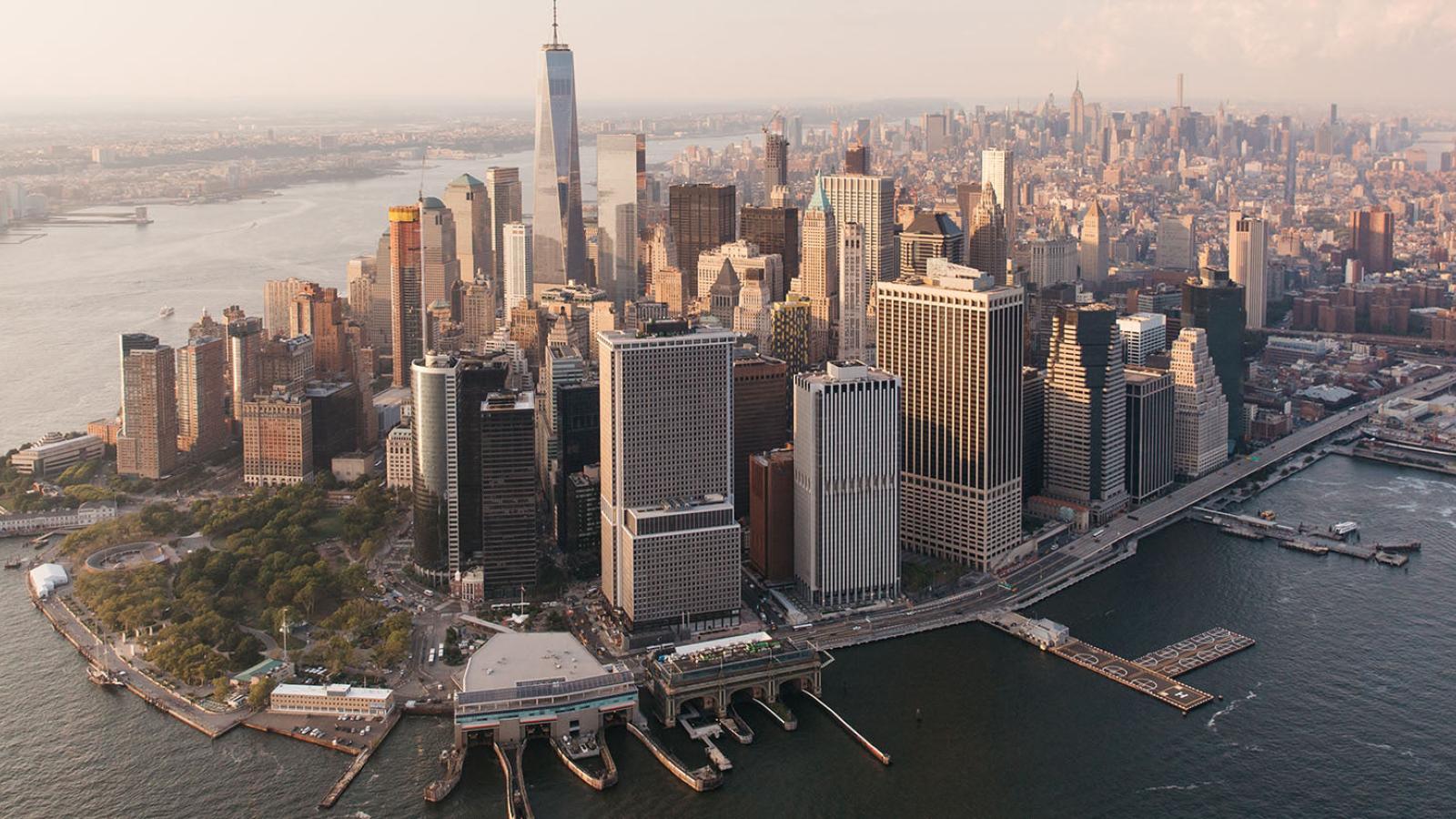Birds eye drone shot of downtown manhattan, battery park