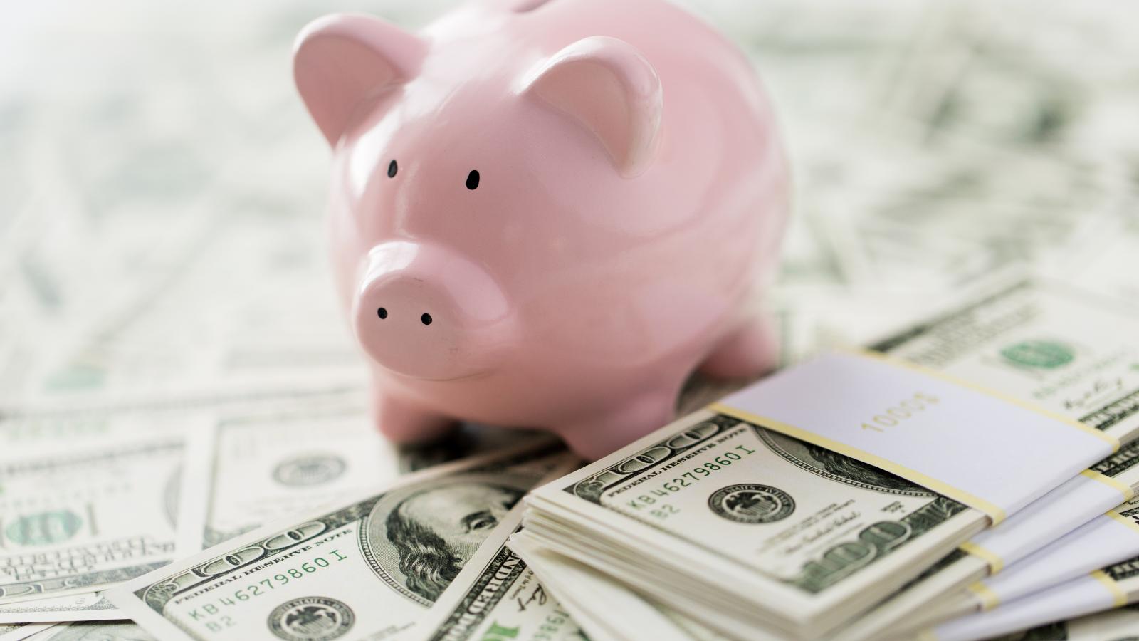 piggy bank atop a bed of $100 bills