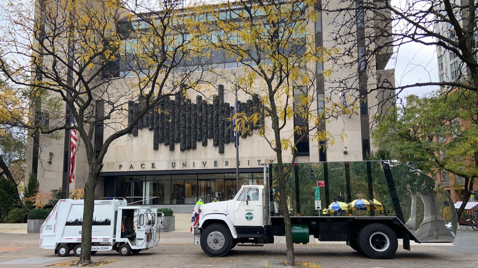 Mierle Laderman Ukeles’ “Social Mirror” truck at 1 Pace Plaza.