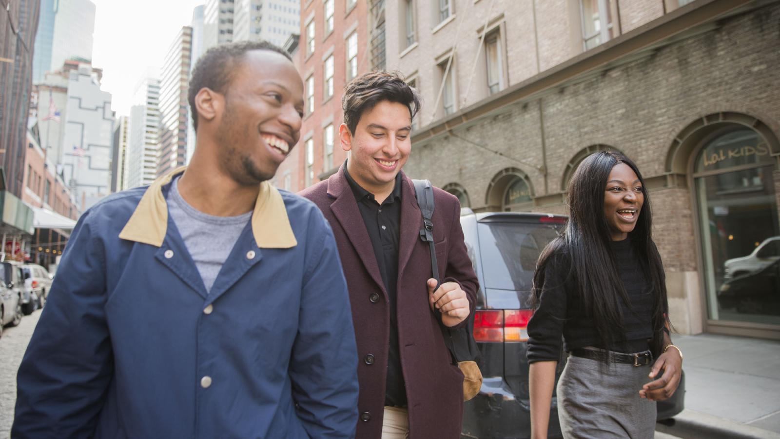 Pace University student group walking in Lower Manhattan