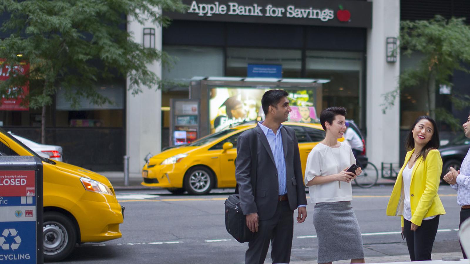 Lubin graduate students walking in Lower Manhattan near the New York City Campus