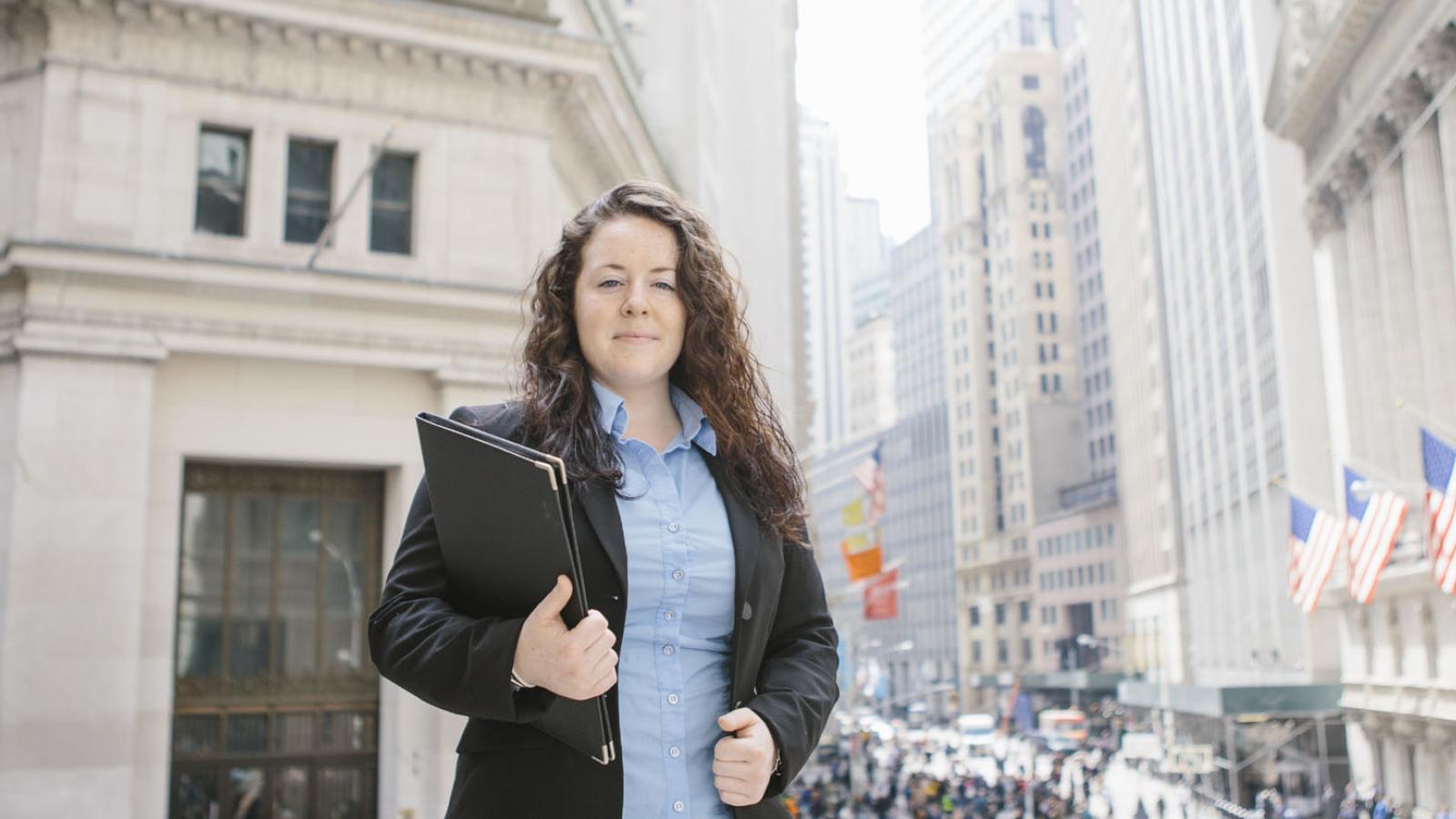 Lubin students standing in the Financial District near One Pace Plaza