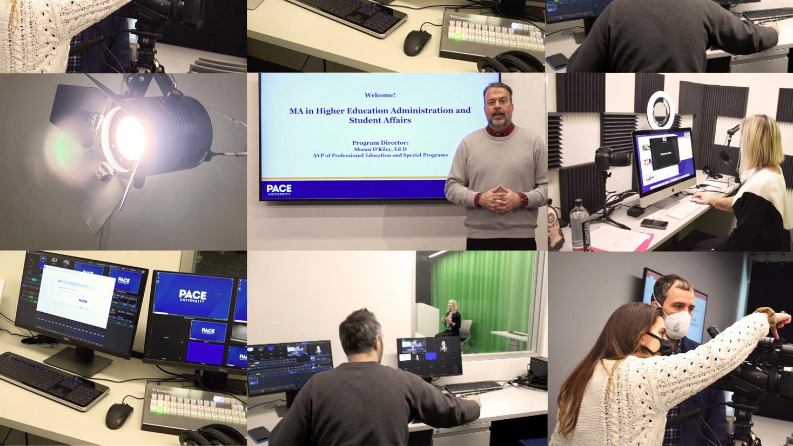 professors working in a media studio on New York City campus