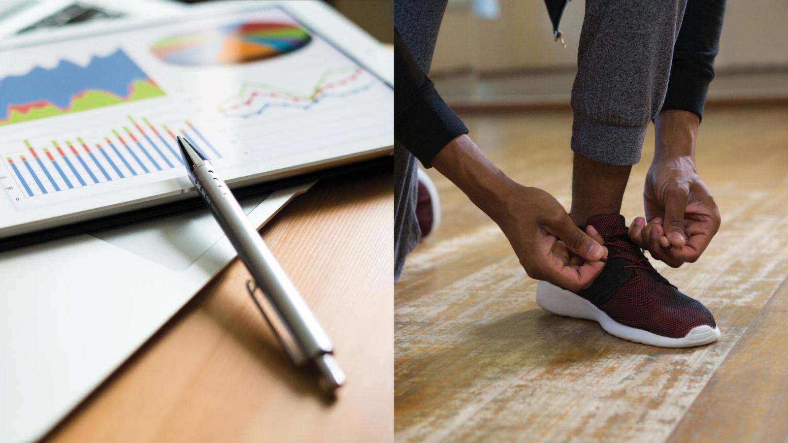 split image of a pen and paper on the left, and a person tying their shoe on the right