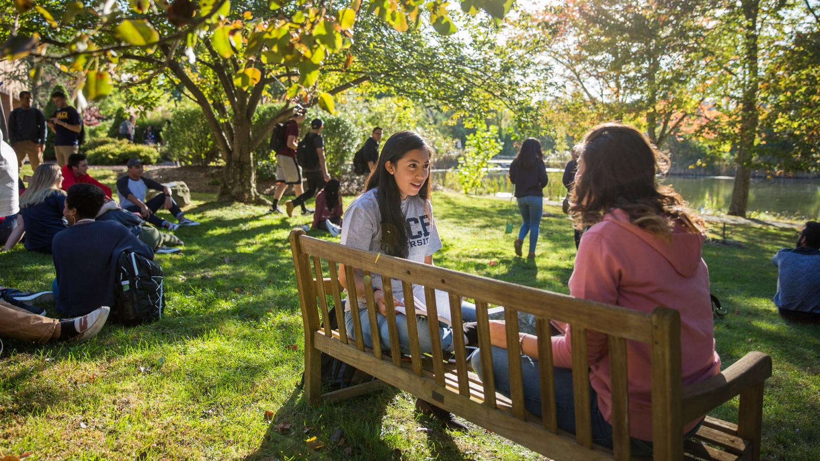 group of Pace students sitting on the lawn and benches on the Pleasantville Campus