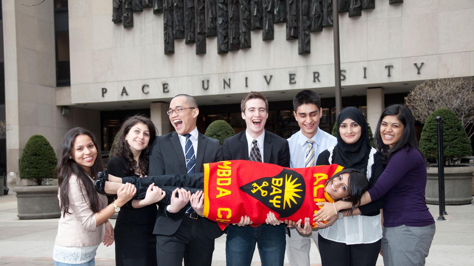 Lubin student members of Beta Alpha Psi in front of One Pace Plaza on the New York City Campus
