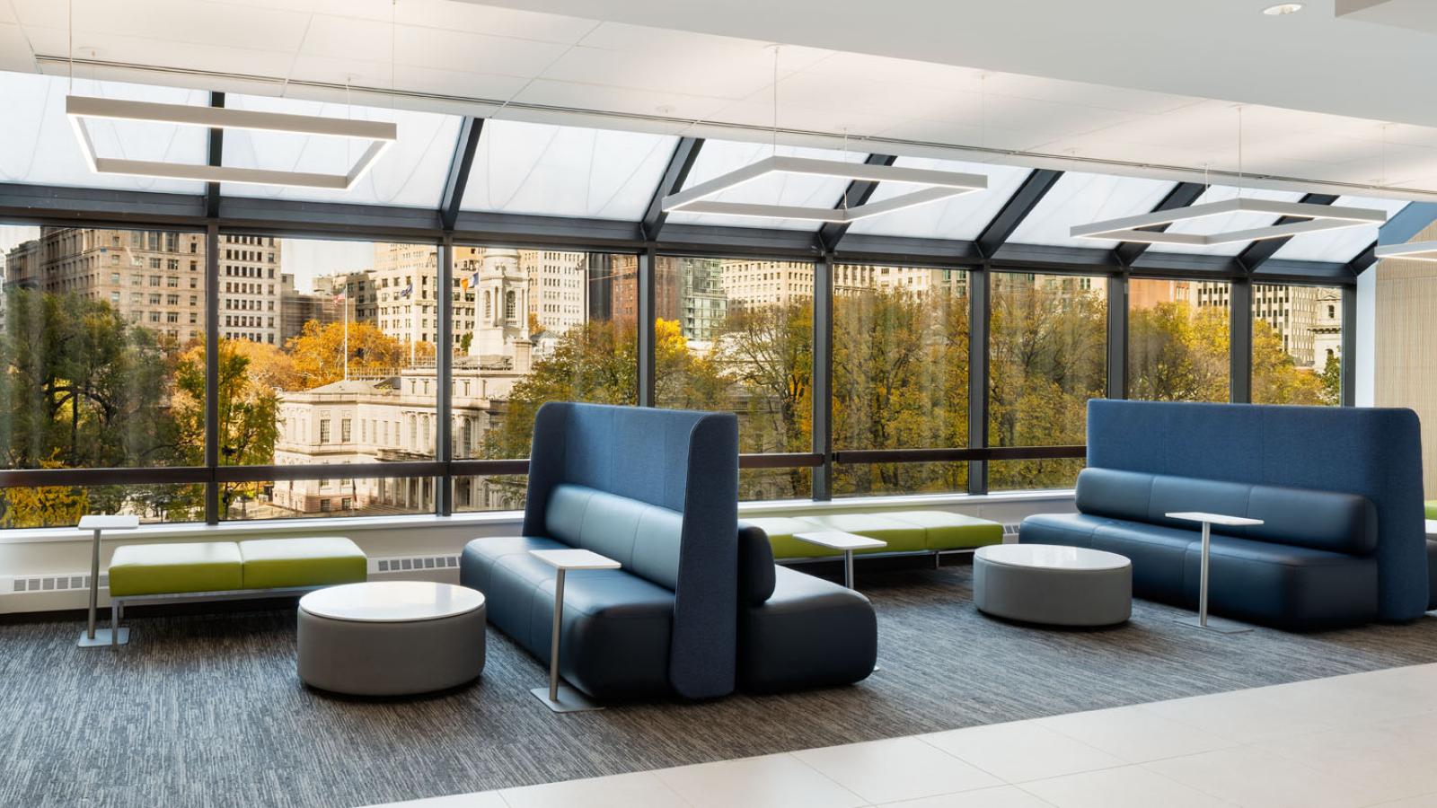 student lounge on the fourth floor of the Lubin School at One Pace Plaza on the New York City Campus