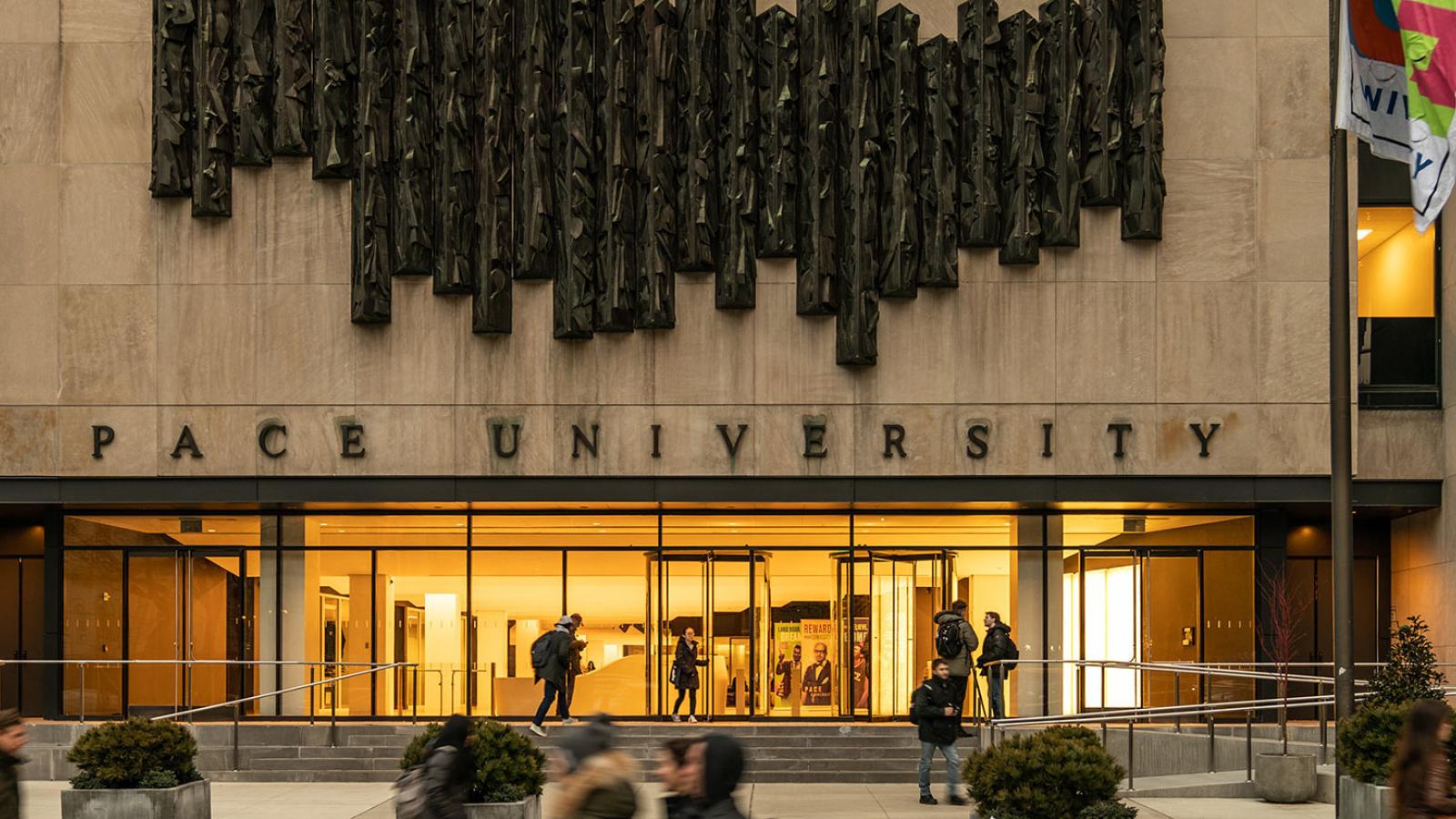 One Pace Plaza with Students Walking.