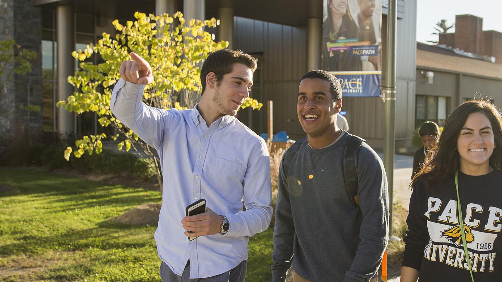 Students walking near the Kessel Student Center, on the Pace University campus in Pleasantville, NY