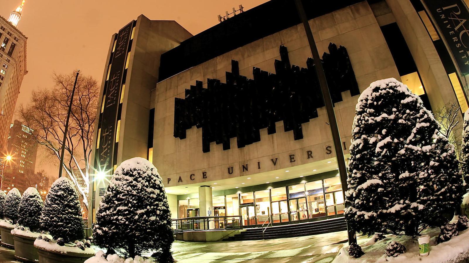 One Pace Plaza covered in snow.