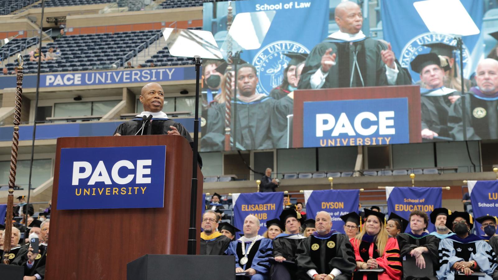 NYC Mayor Eric Adams addressing the crowd at the Pace University Commencement ceremony.