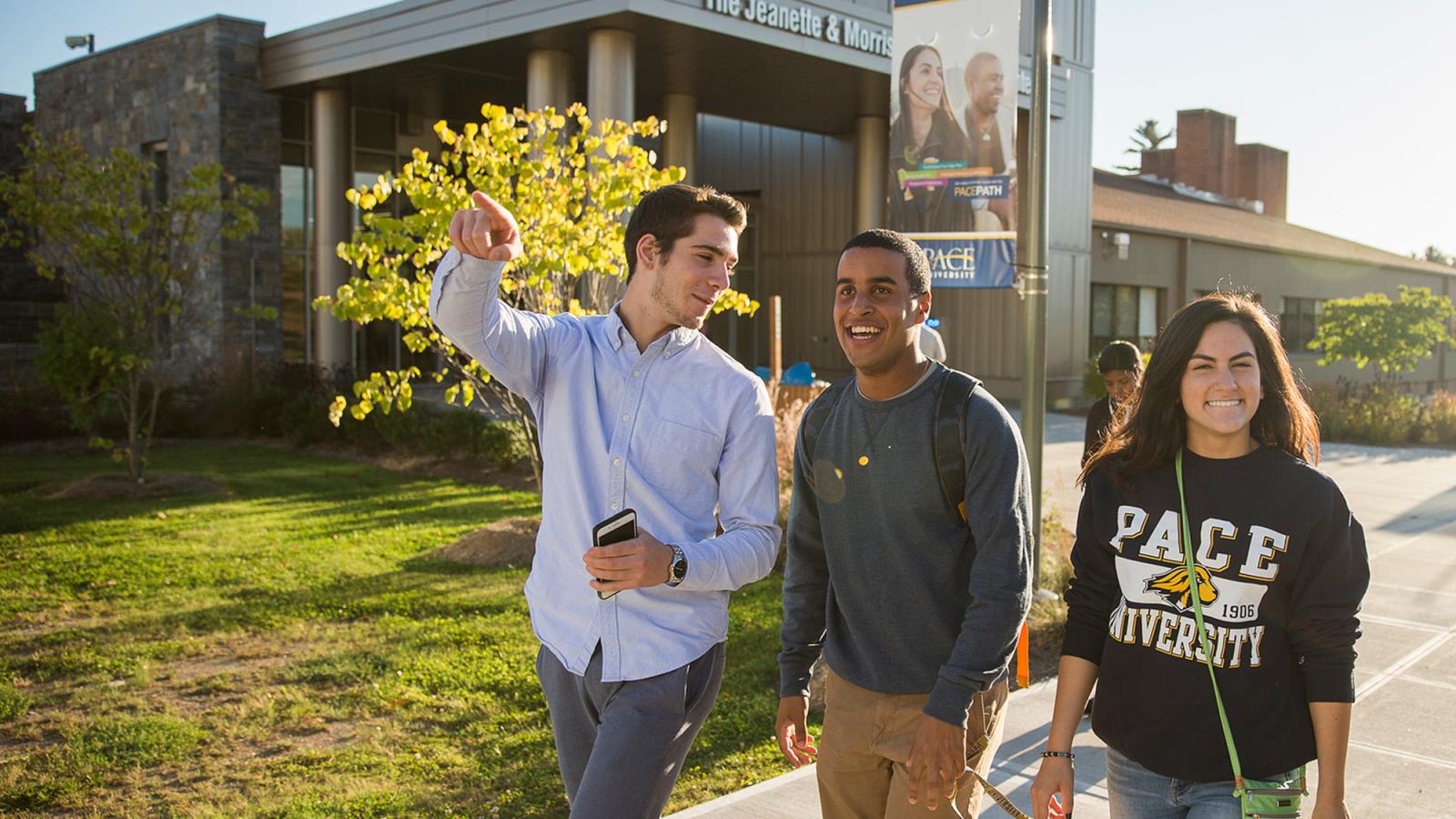 Pace University students walking on the Pleasantville campus.
