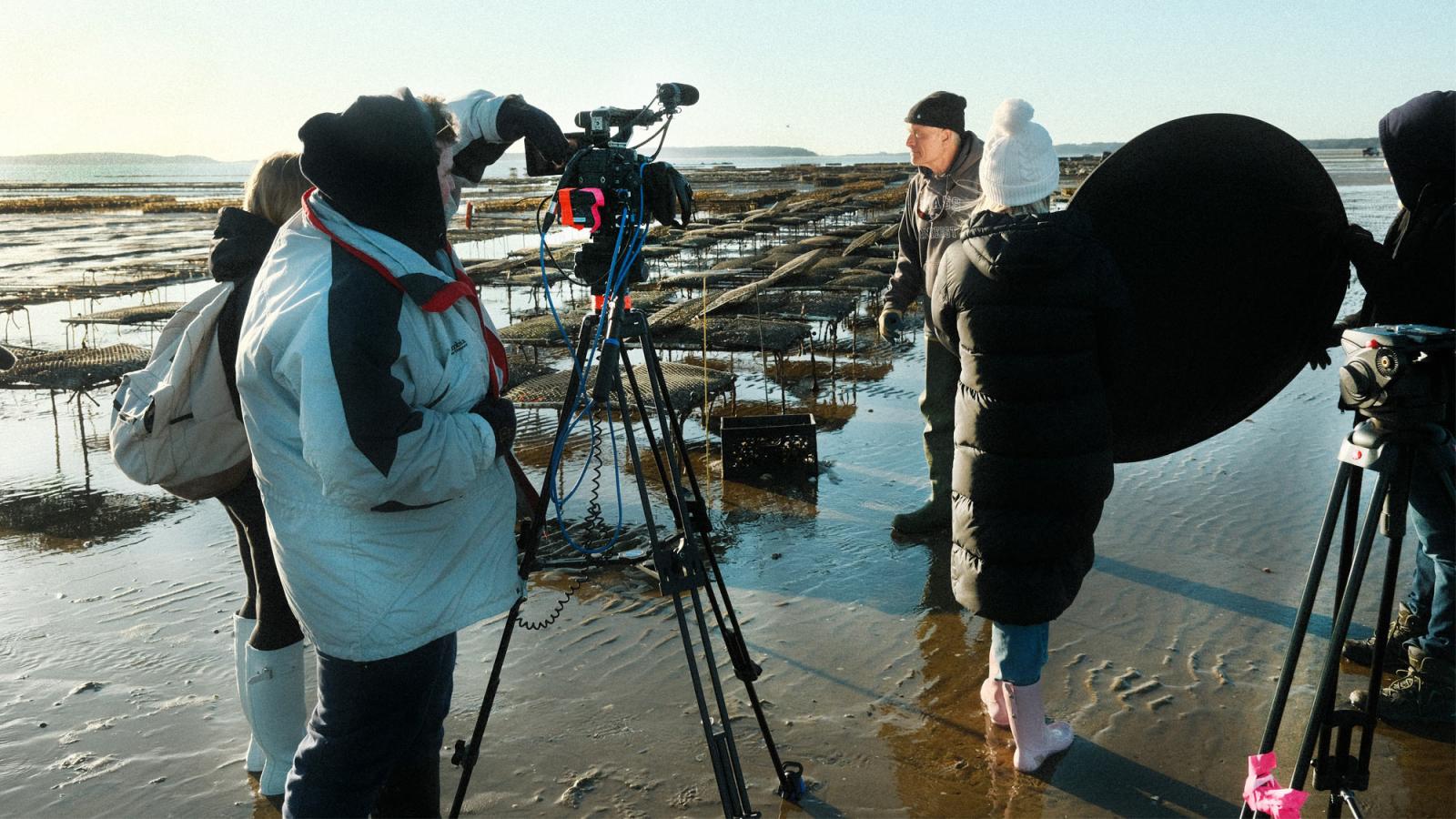 documentary crew filming at an oyster farm