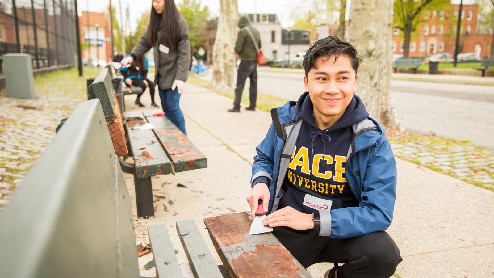 A smiling Pace student volunteering in a park scrapes old paint off a bench