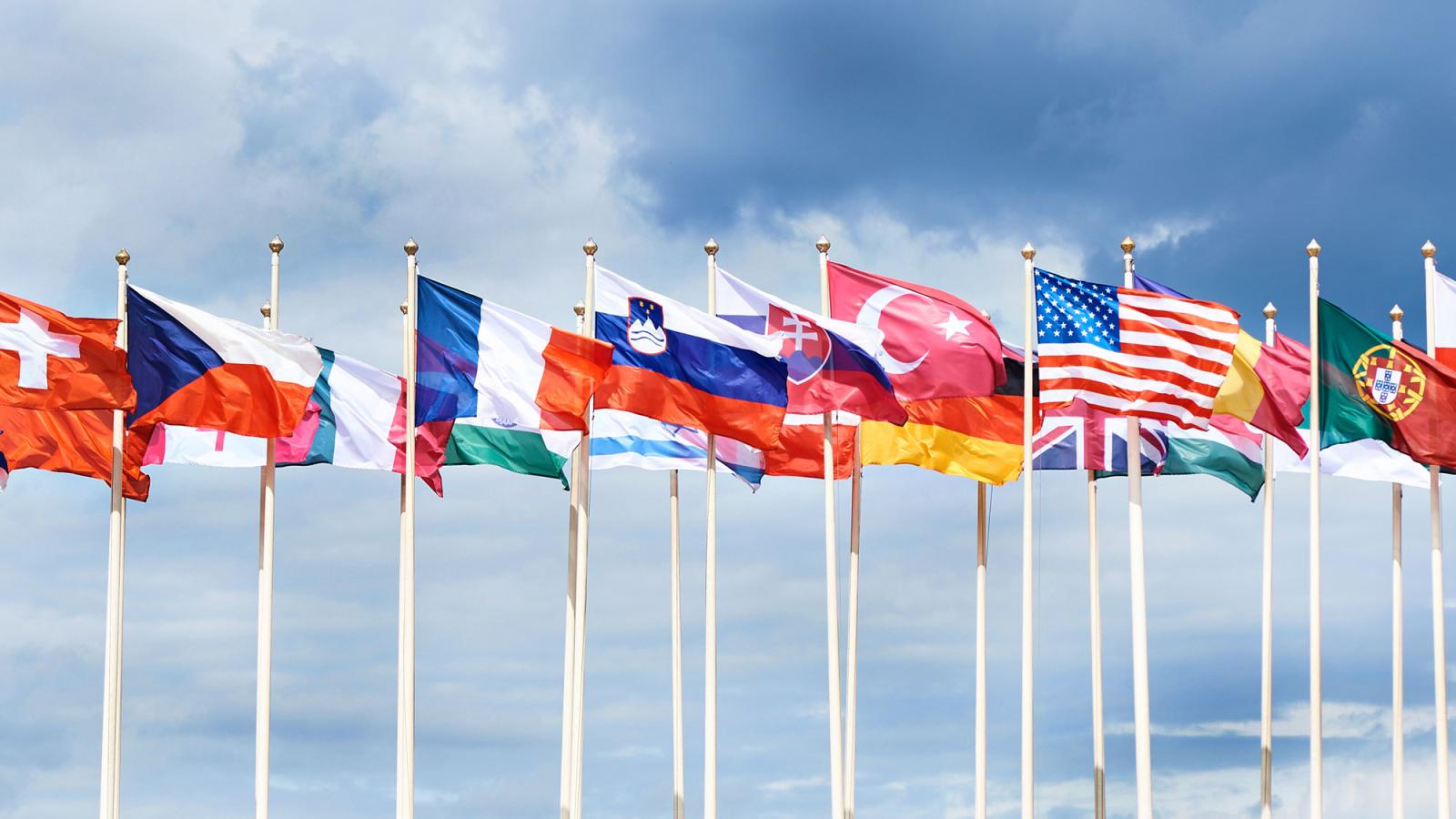 variety of national flags against a blue sky