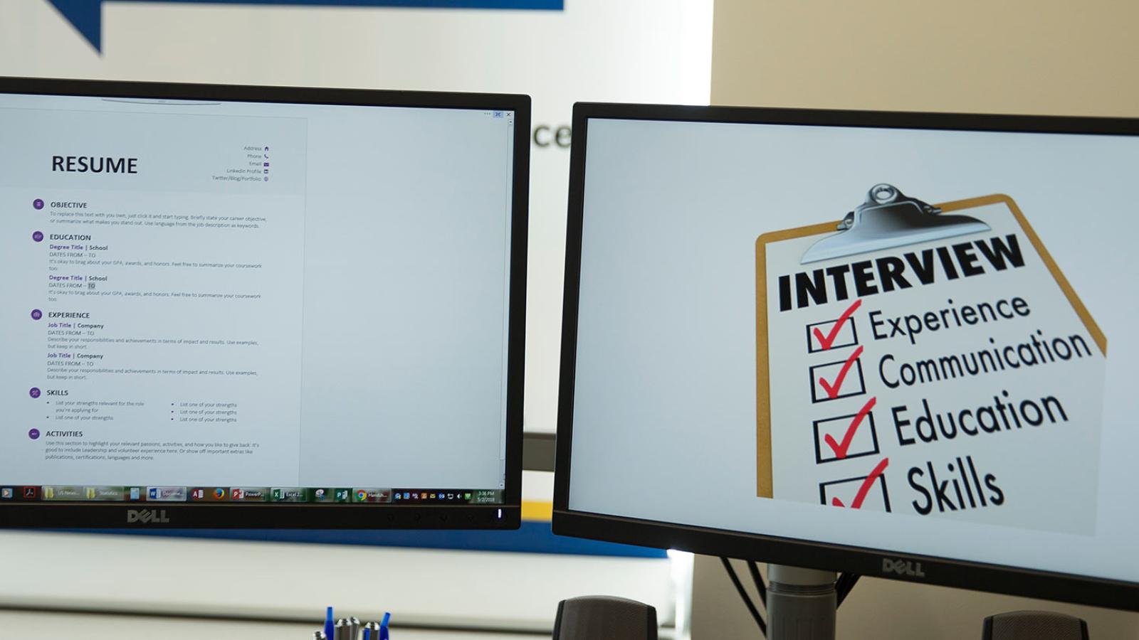 Two computer screens showing a resume and an interview best practices list.