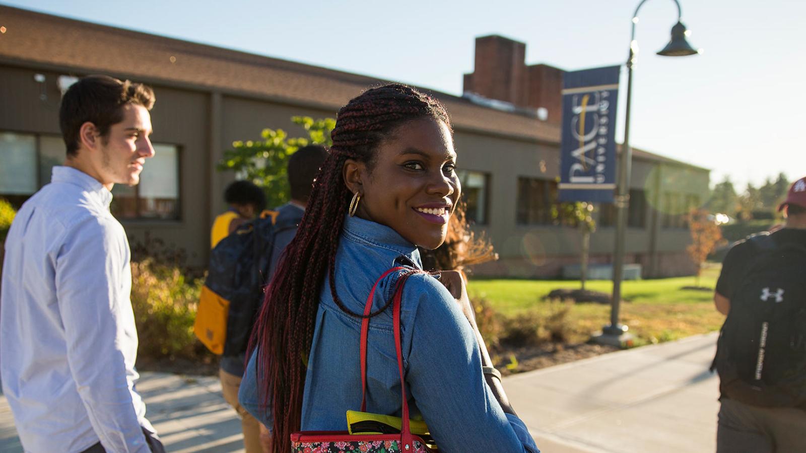 Pace students walking around the Pleasantville campus.