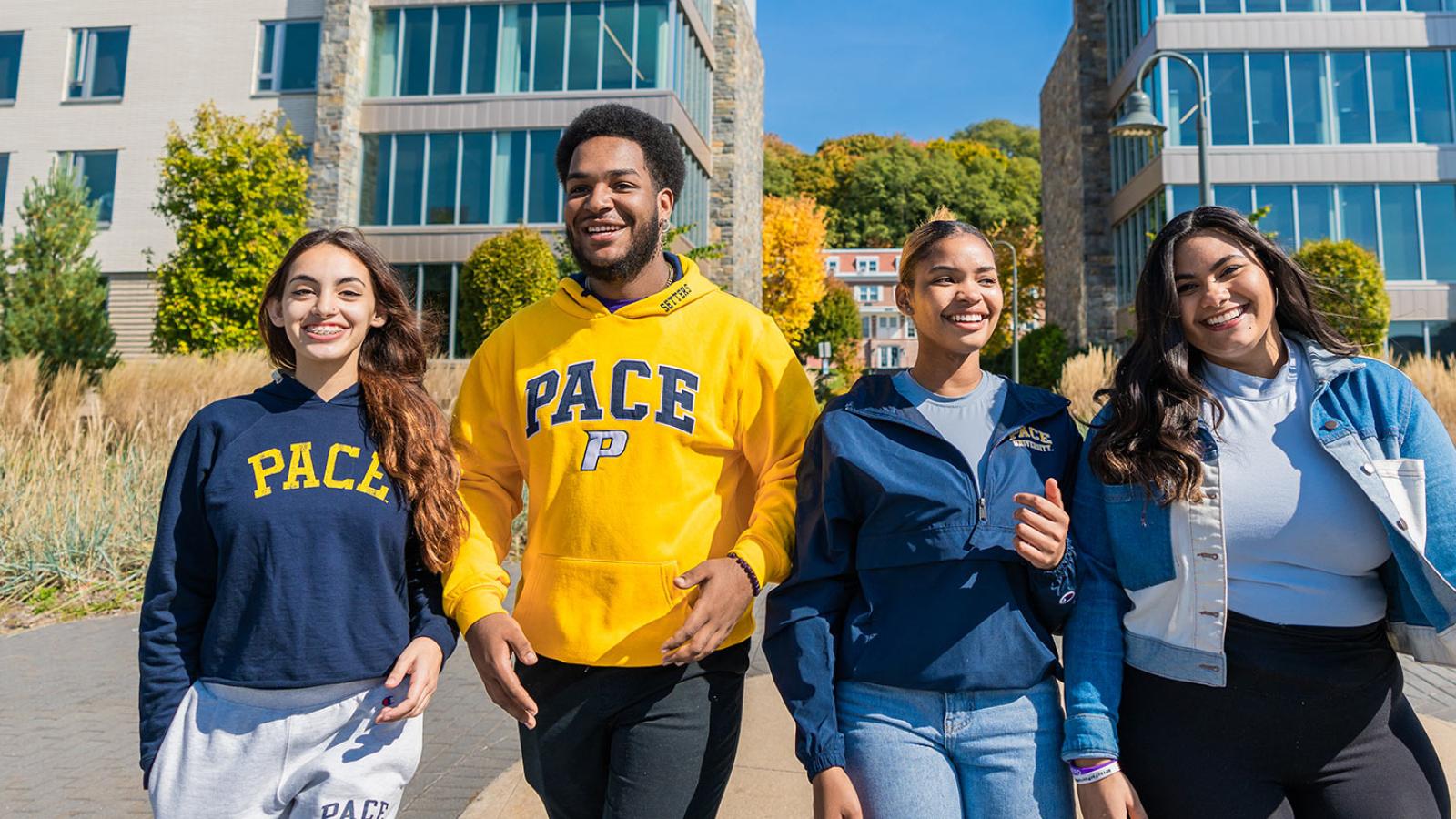 Group of Pace University students walking around the Pleasantville campus.