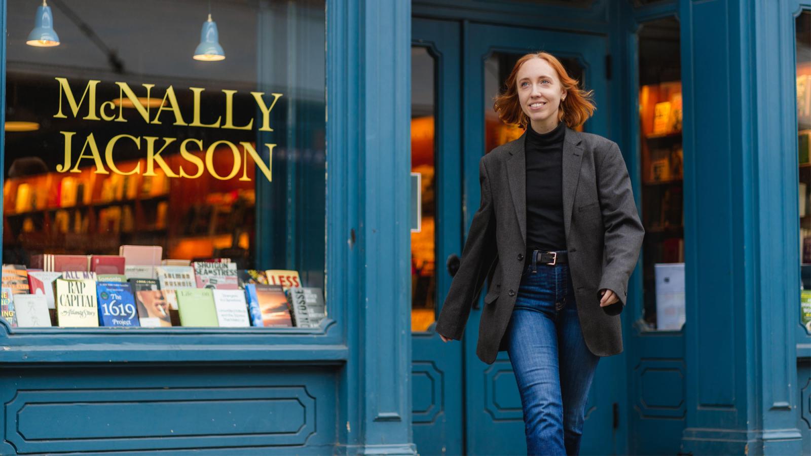 katie schwab walking out of a bookstore