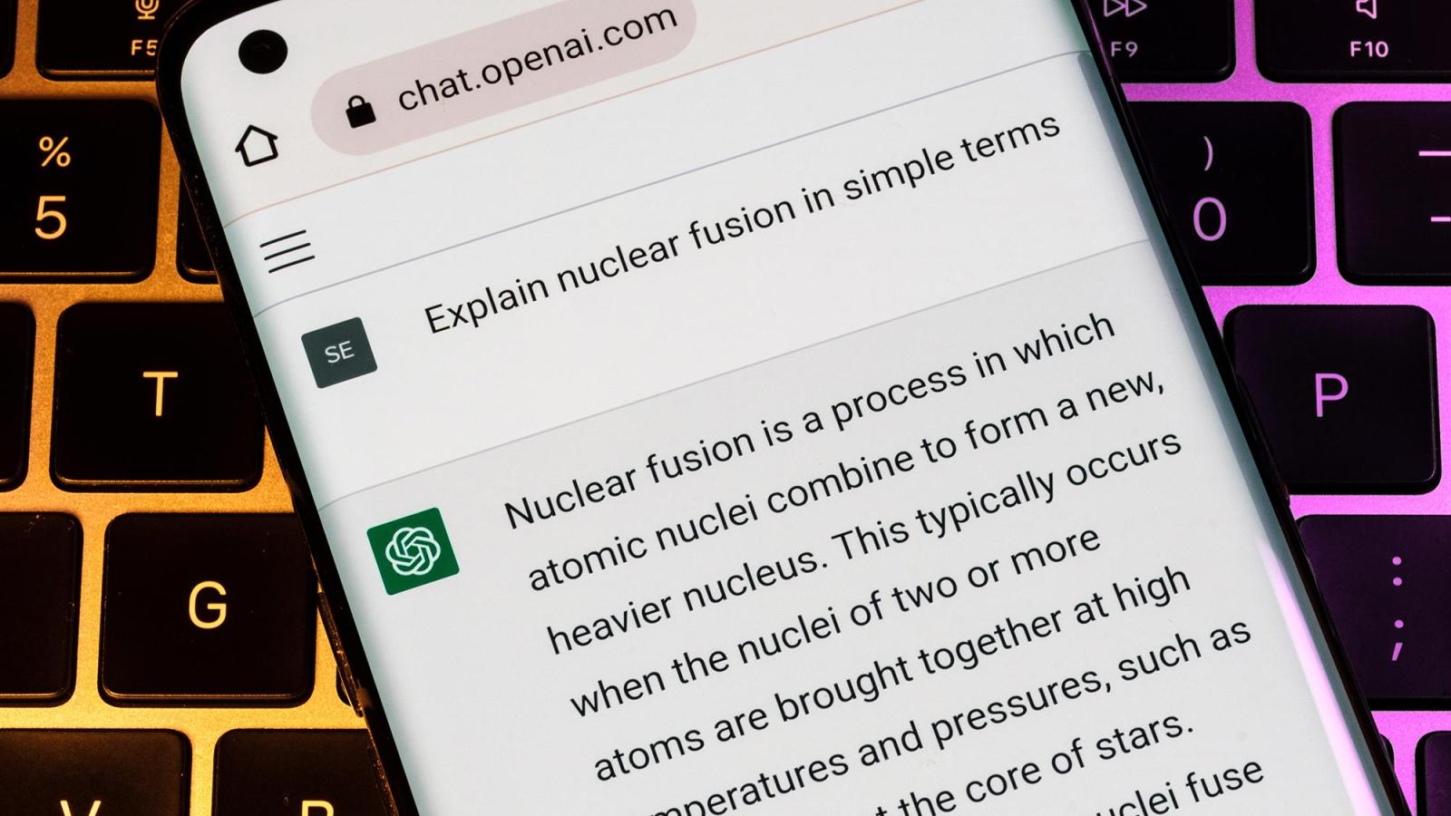 AI Chatbot ChatGPT providing answer to question about nuclear fusion, on a smartphone device 