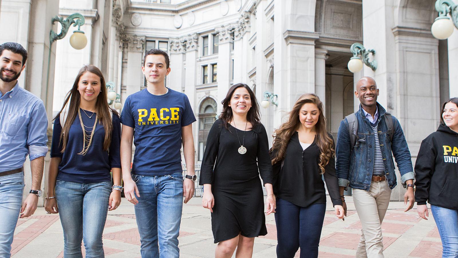 Pace University students walking side by side